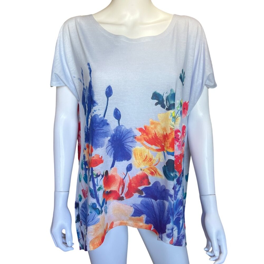 Westbound Floral Print Oversized White Short Sleeve Top Lightweight Womens Sz XL